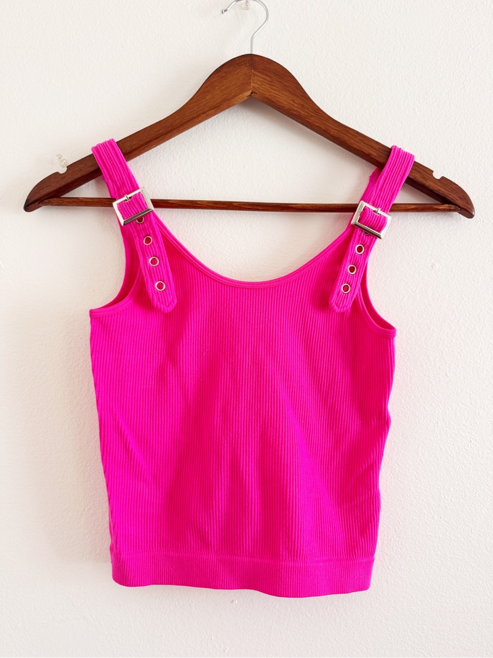 Suzette Collection Ribbed Buckle Strap Tank Top - Hot Pink S/M